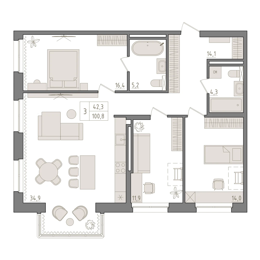 3 комнатная квартира 100.8кв.м.