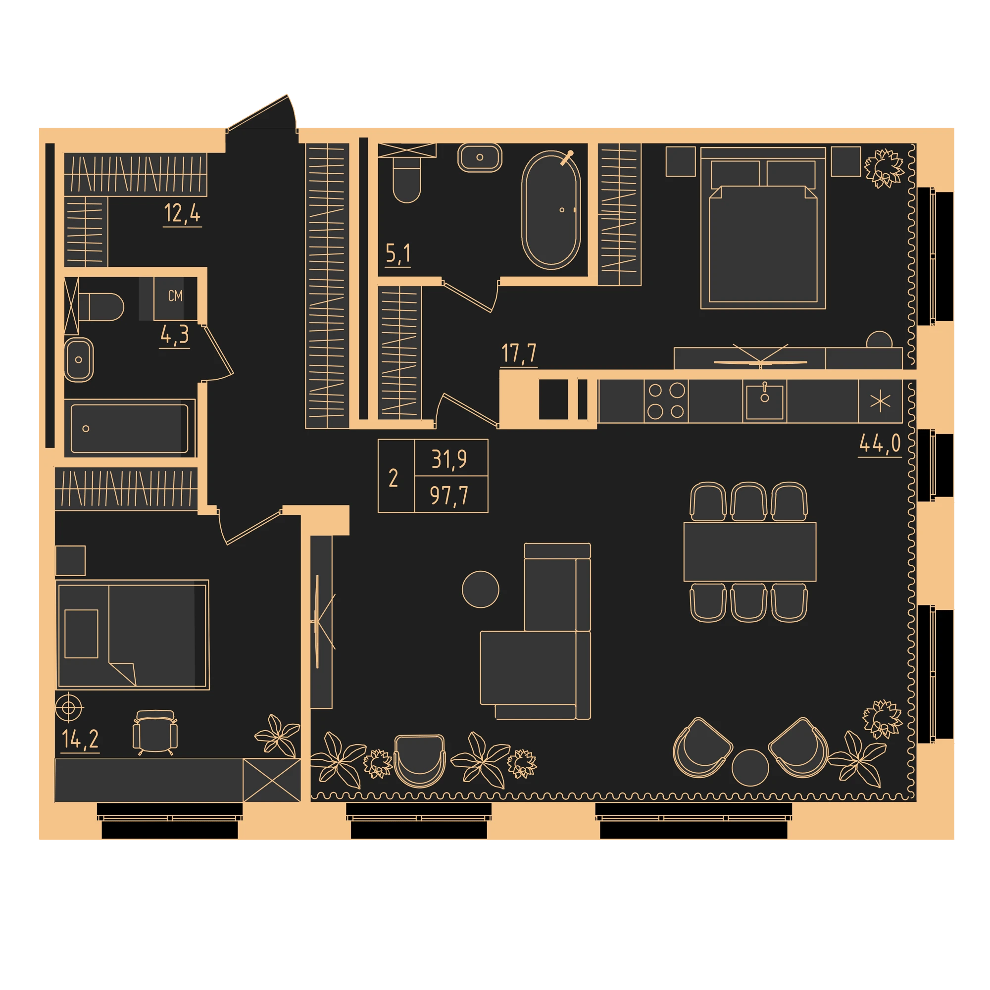 2 комнатная квартира 97.7кв.м.