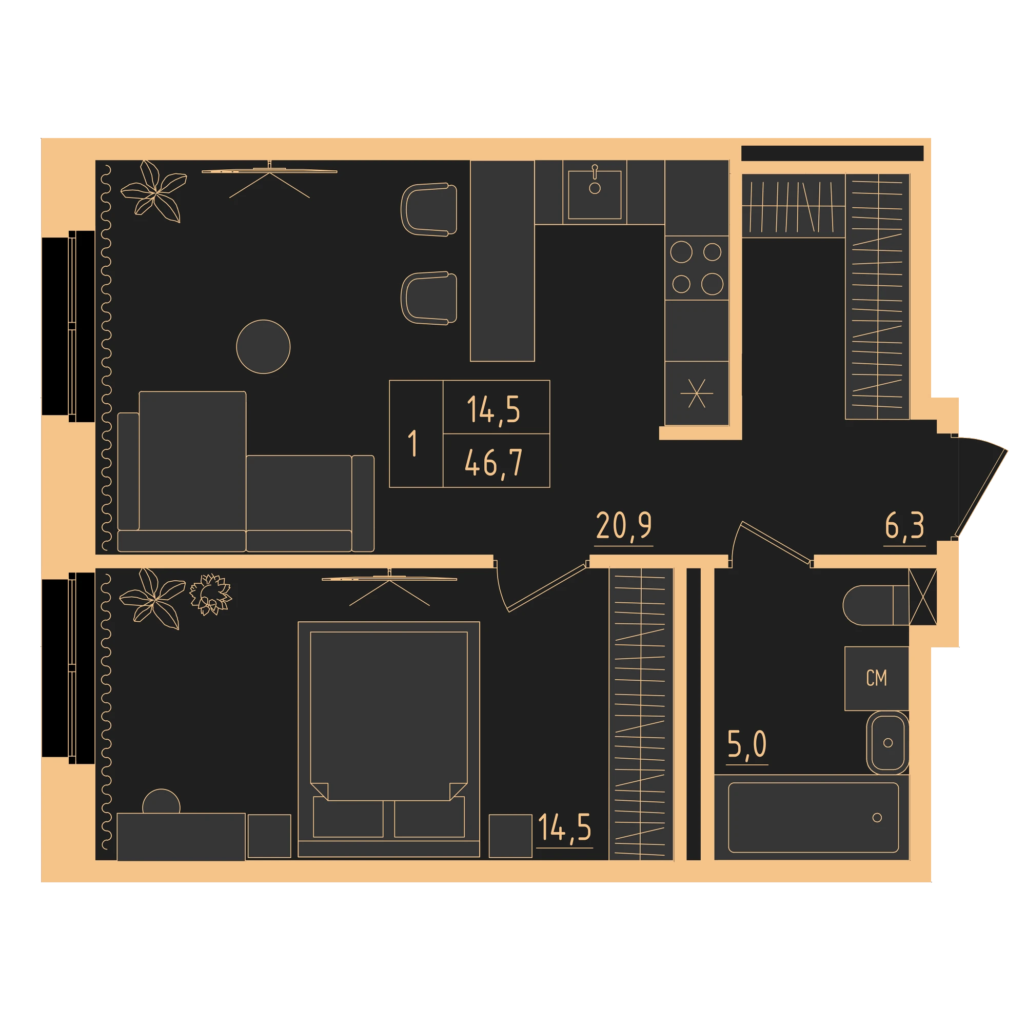 1 комнатная квартира 46.7кв.м.