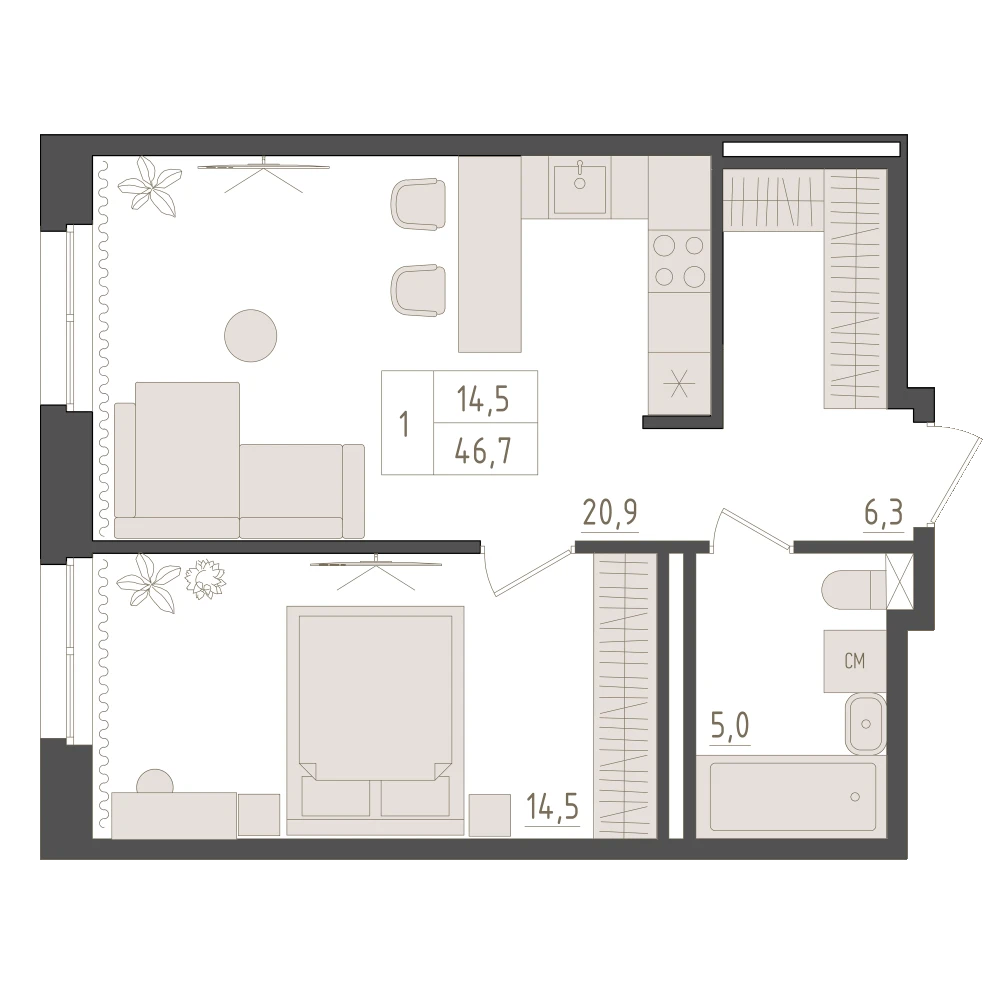 1 комнатная квартира 46.7кв.м.