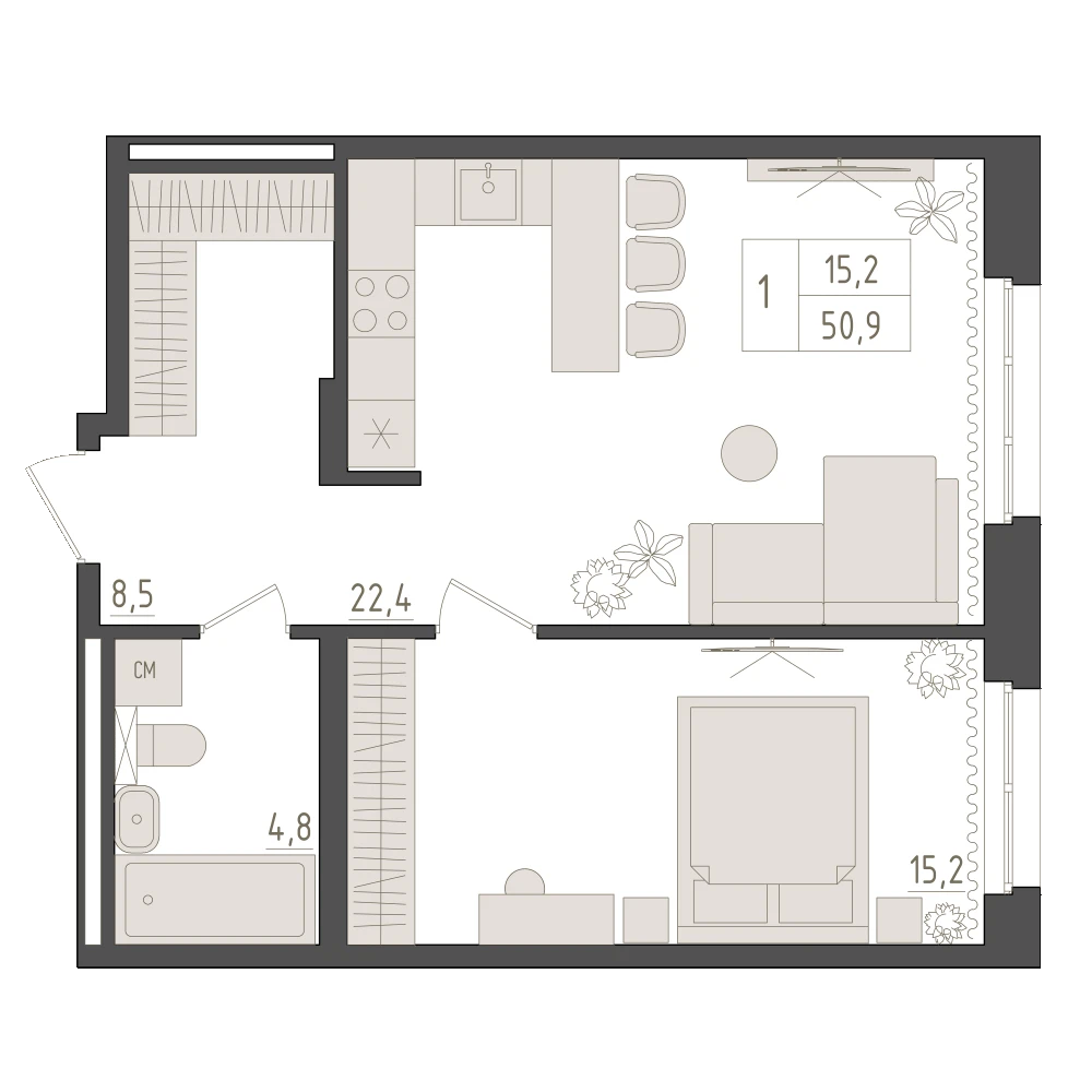 1 комнатная квартира 50.9кв.м.