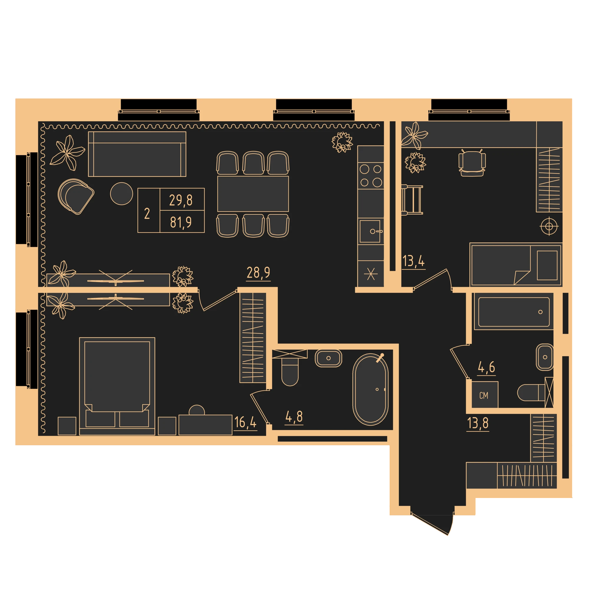 2 комнатная квартира 81.9кв.м.