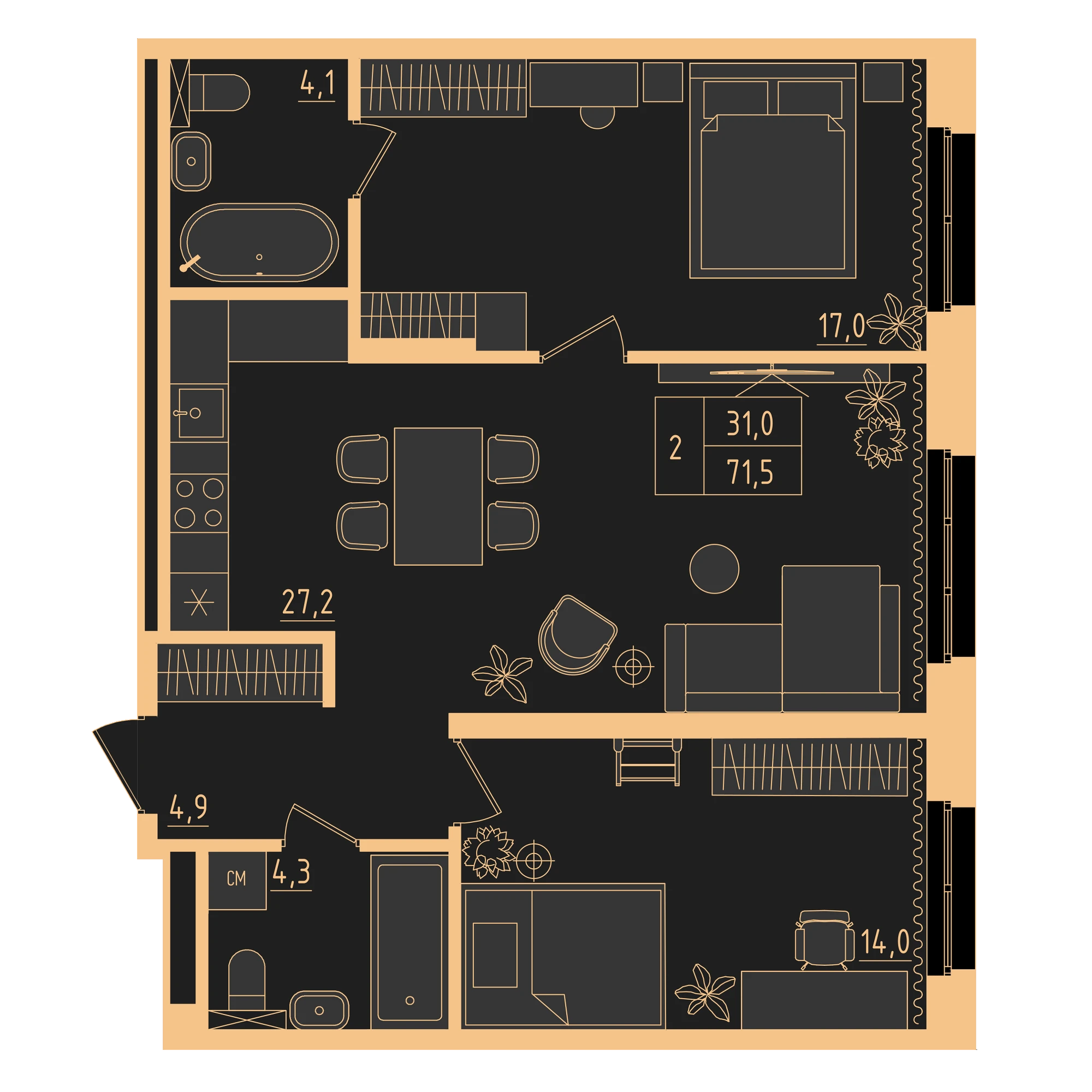 2 комнатная квартира 71.5кв.м.