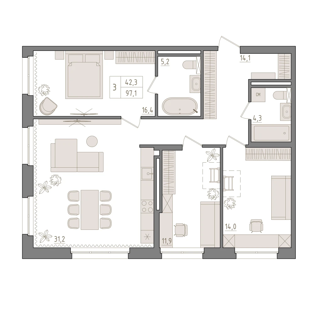 3 комнатная квартира 97.1кв.м.