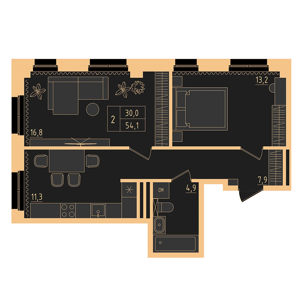 2 комнатная квартира 54.1кв.м.