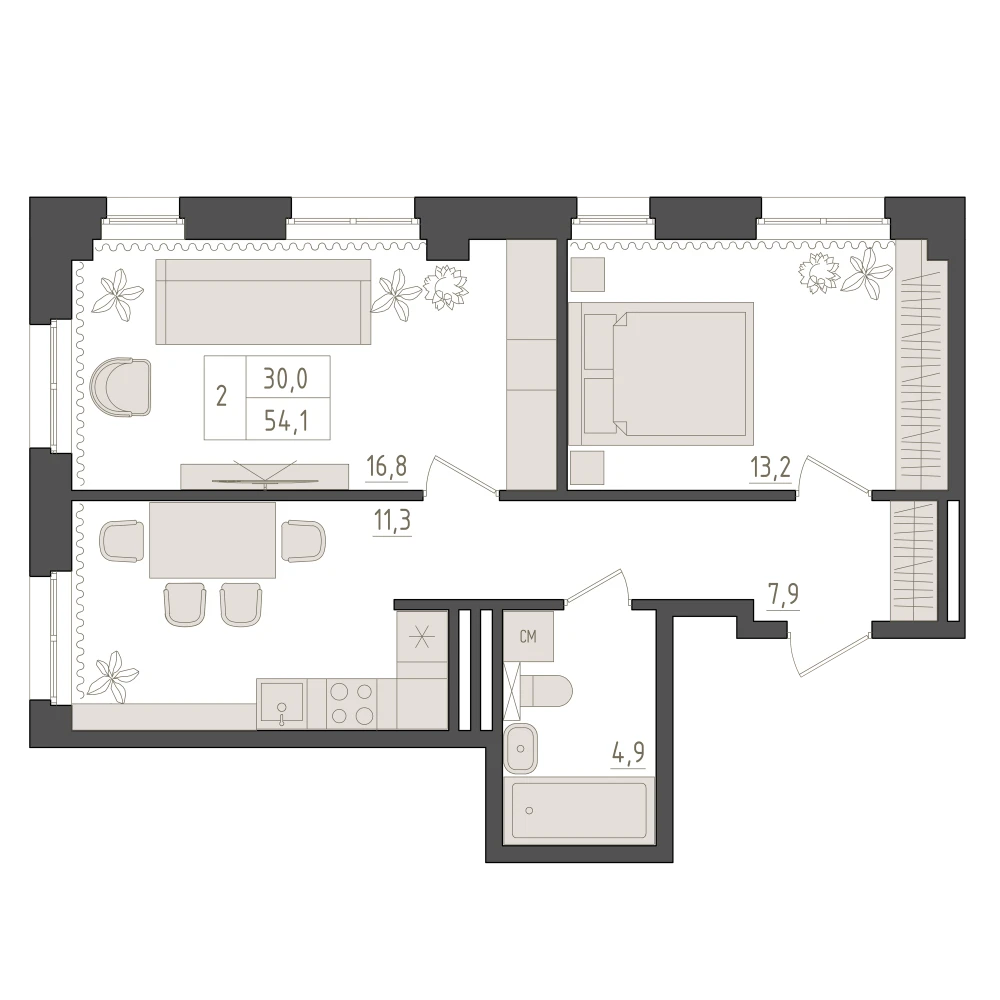 2 комнатная квартира 54.1кв.м.