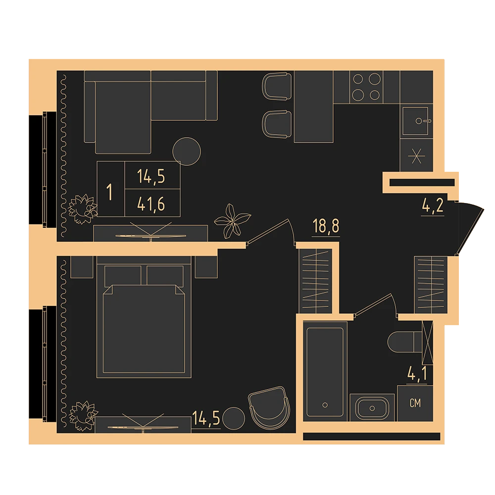 1 комнатная квартира 41.6кв.м.