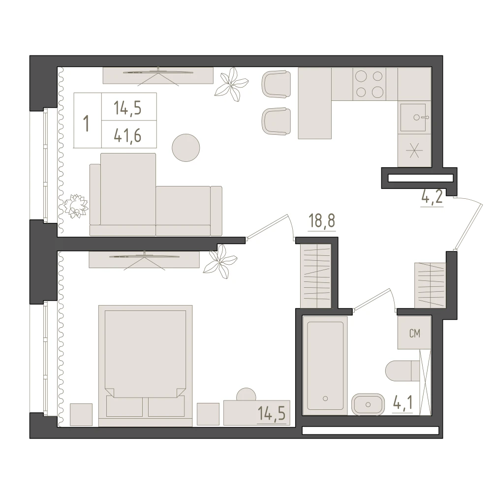 1 комнатная квартира 41.6кв.м.