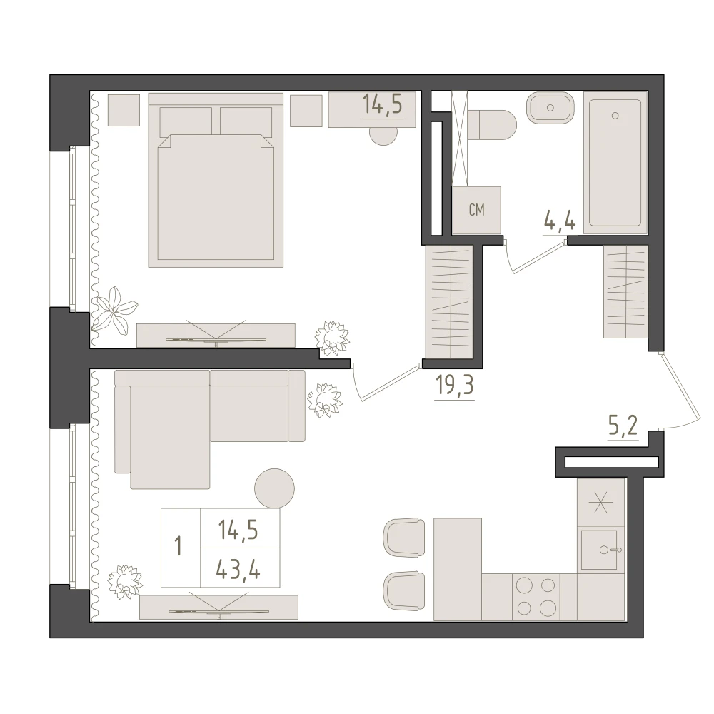 1 комнатная квартира 43.4кв.м.