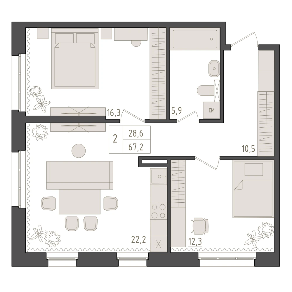 2 комнатная квартира 67.2кв.м.