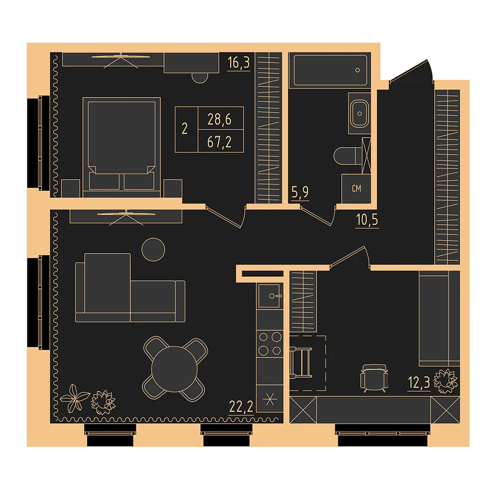 2 комнатная квартира 67.2кв.м.