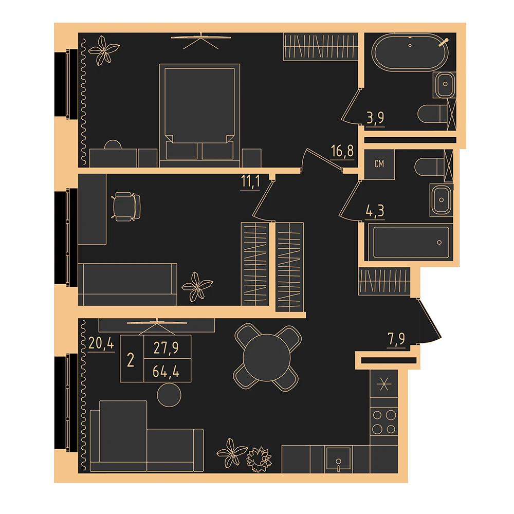 2 комнатная квартира 64.4кв.м.