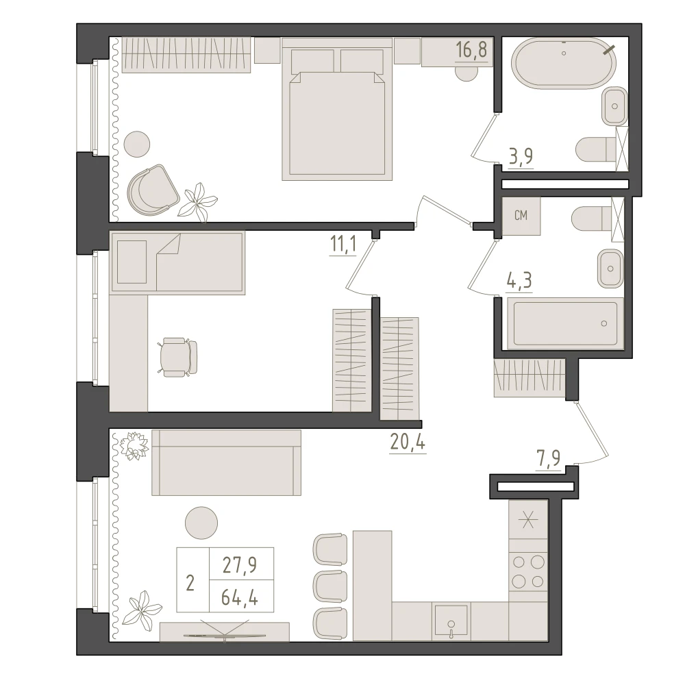 2 комнатная квартира 64.4кв.м.