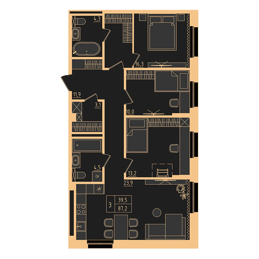 3 комнатная квартира 87.2кв.м.