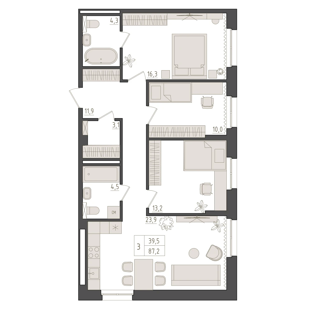 3 комнатная квартира 87.2кв.м.