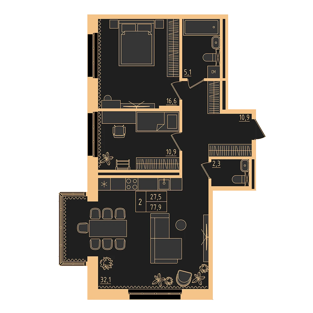 2 комнатная квартира 77.9кв.м.