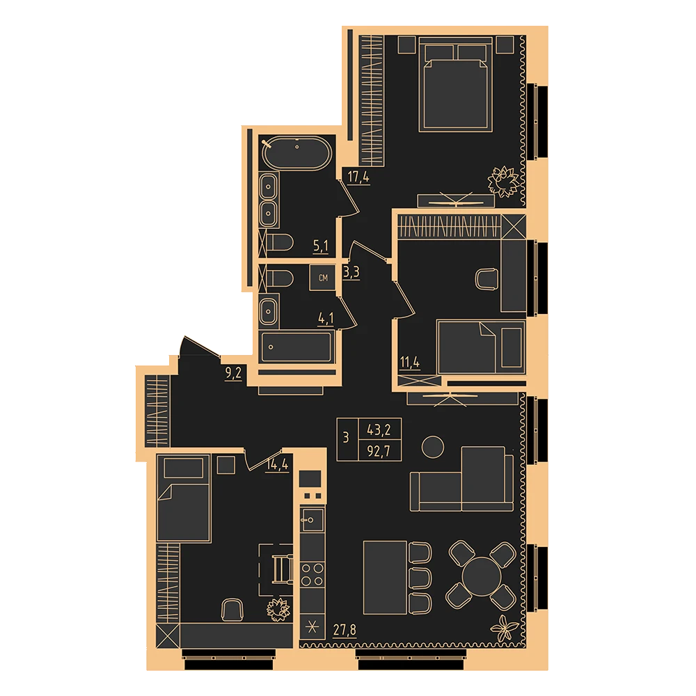 3 комнатная квартира 92.7кв.м.