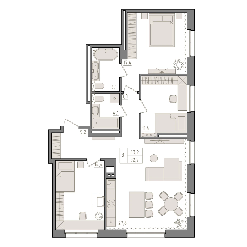 3 комнатная квартира 92.7кв.м.