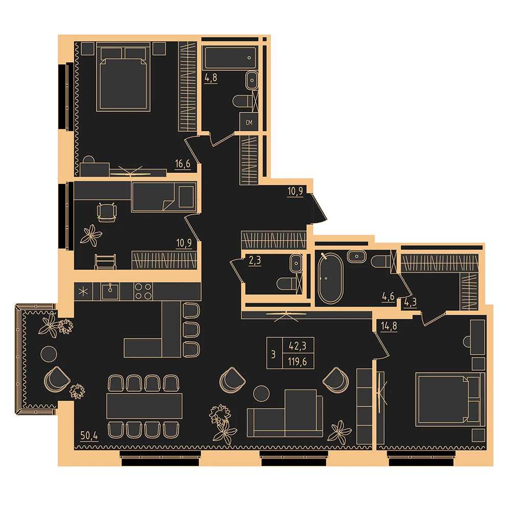 3 комнатная квартира 119.6кв.м.