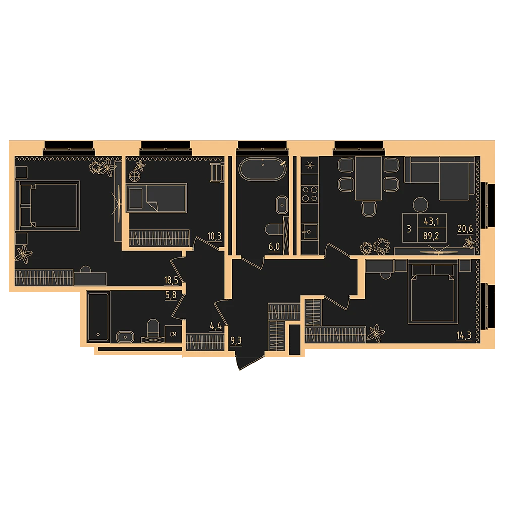 3 комнатная квартира 89.2кв.м.