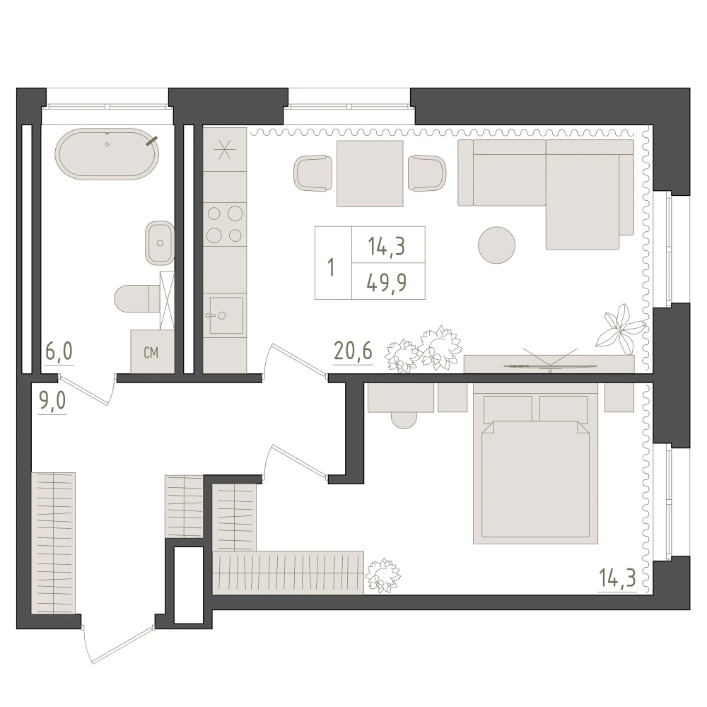 1 комнатная квартира 49.9кв.м.