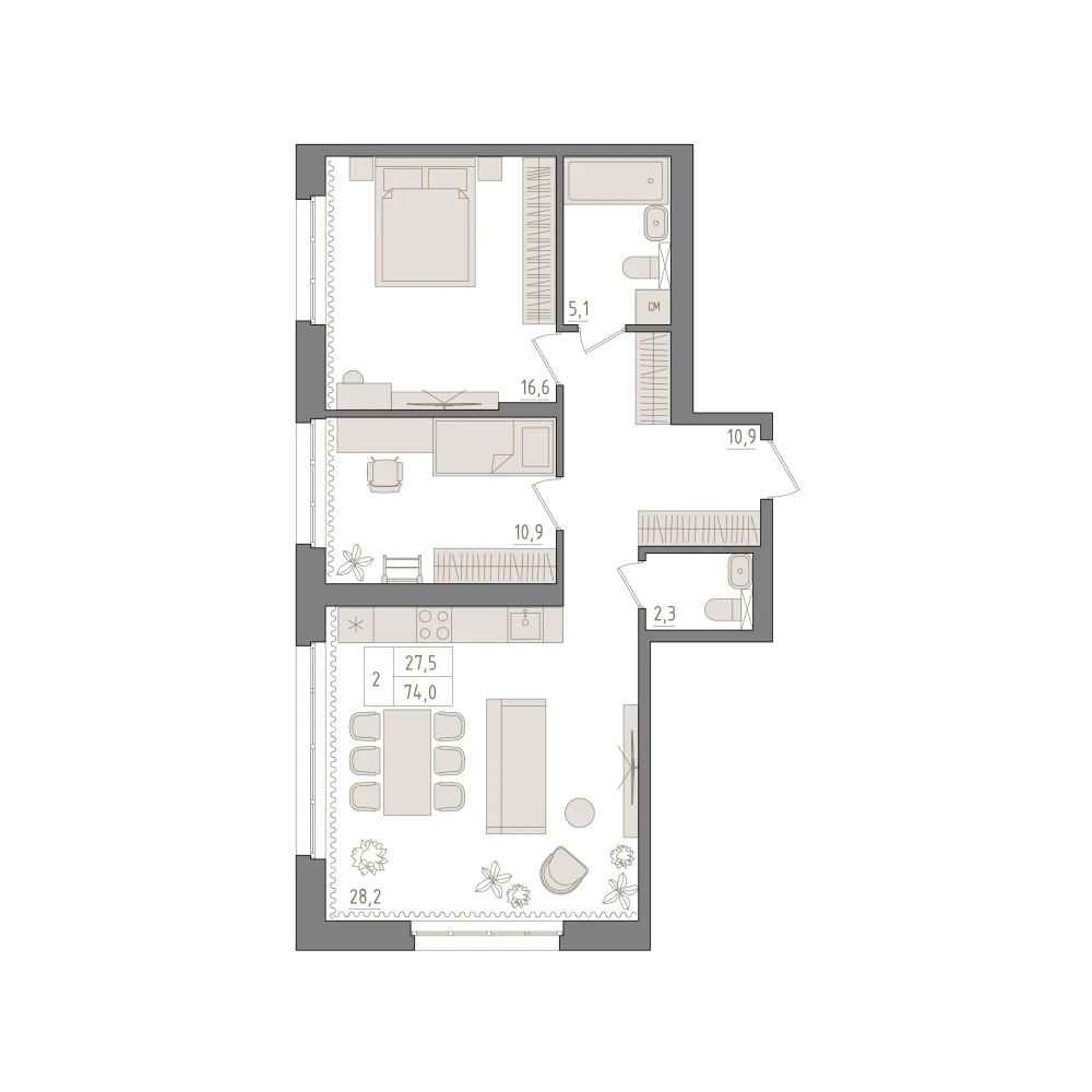 2 комнатная квартира 74кв.м.