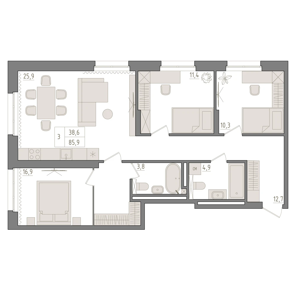 3 комнатная квартира 85.9кв.м.